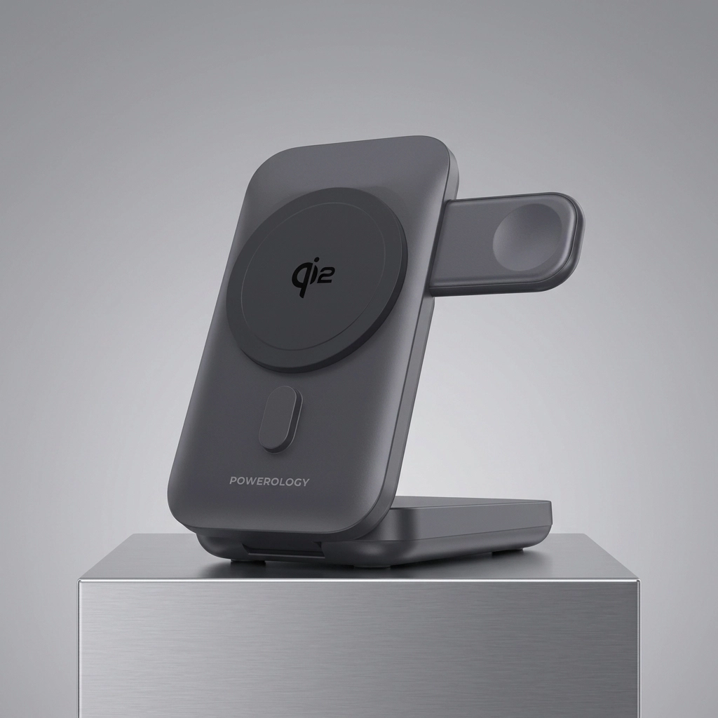 powerology-3-in-1-qi2-wireless-charging-stand-main شارژر وایرلس 3 کاره پاورولوژی Qi2 تاشو مگنتی رنگ تیتانیومی مای گجت