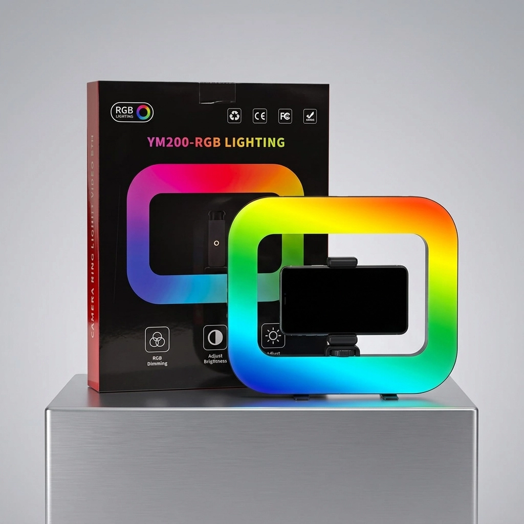 رینگ لایت مدل YM200-RGB مستطیلی هفت رنگ با هولدر موبایل و جعبه مای گجت