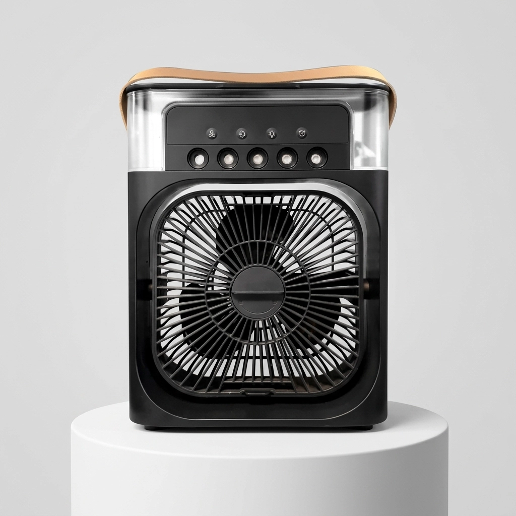 پنکه رومیزی مه پاش مدل AIR COOLER FAN مشکی سایز بزرگ با مخزن شفاف و دسته چرمی مای گجت