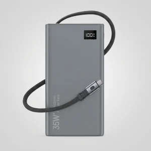 پاوربانک گرین لاین مدل Retractable 10000 خاکستری با نمایشگر دیجیتال و کابل تایپ سی مای گجت