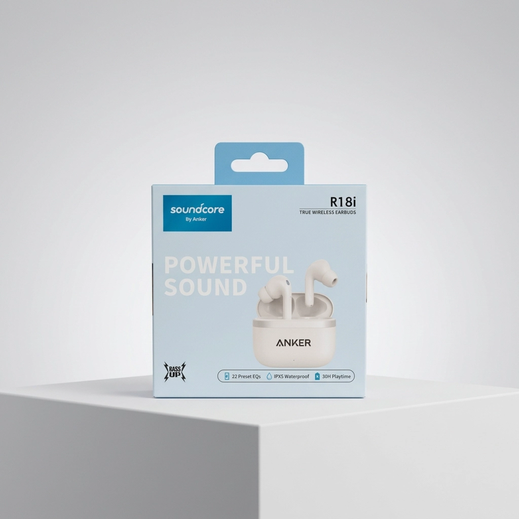 هدفون بلوتوثی انکر مدل SoundCore R18i کرم و سفید با جعبه محصول مای گجت
