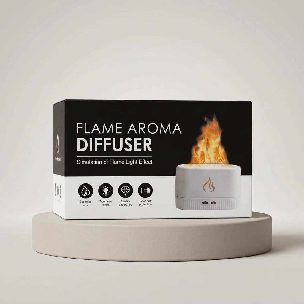 دستگاه بخور و رایحه‌پخش‌کن طرح شعله Flame Aroma Diffuser بسته‌بندی و دستگاه سفید مای گجت