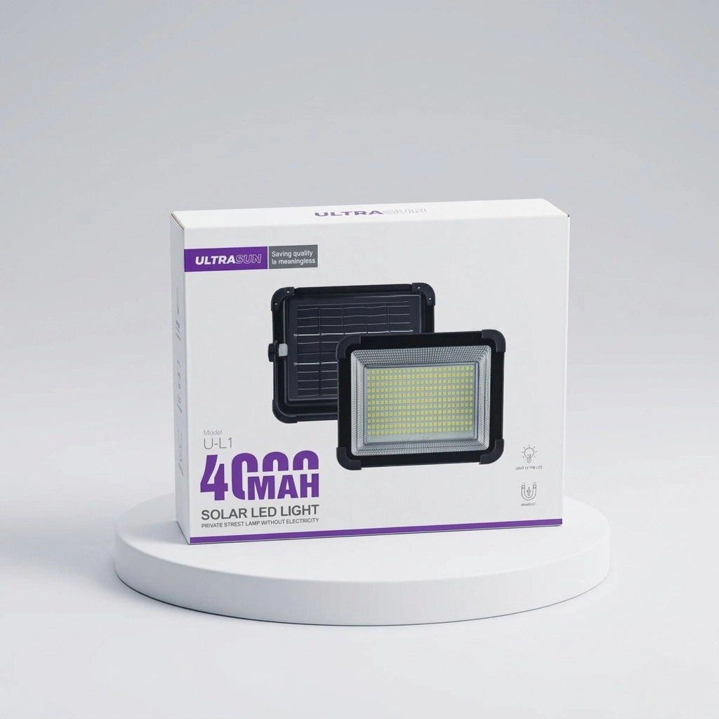 چراغ خورشیدی دیواری مگنتی ULTRASUN مدل U-L1 ظرفیت 4000mAh بسته‌بندی و محصول مای گجت